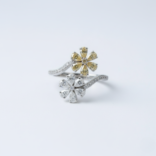 The "Duet Bloom" Diamond Flower Open Ring . #AJRG000014